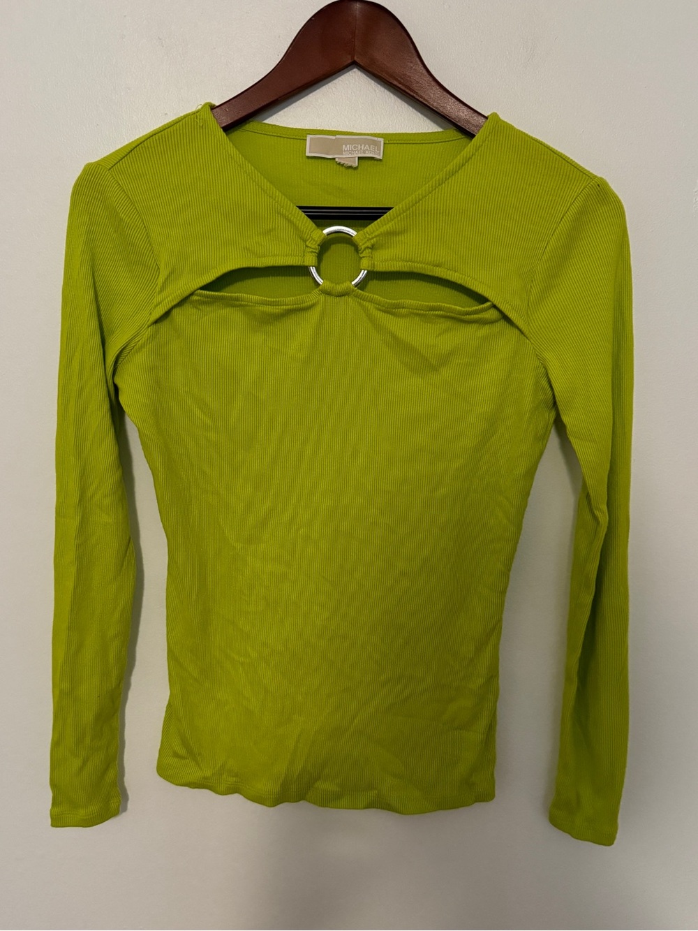 Michael Kors Lime Green Ribbed Cutout O-Ring Long Sleeve Top